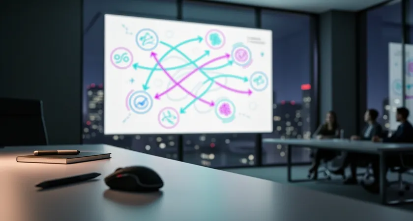 Gros plan sur un tableau blanc virtuel avec des flèches et des diagrammes reliant des mots-clés comme 'vision avant 15min', 'picks en sidelane', 'timing des B', éclairé par un rétroprojecteur numérique dans une salle de réunion moderne