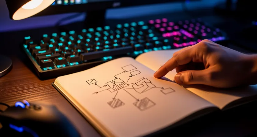 Plan serré sur un carnet de notes ouvert, une main pointe un diagramme simple 'Problème -> Cause Racine -> Action -> Métrique cible', lumière de lampe de bureau chaude sur un fond de clavier mécanique