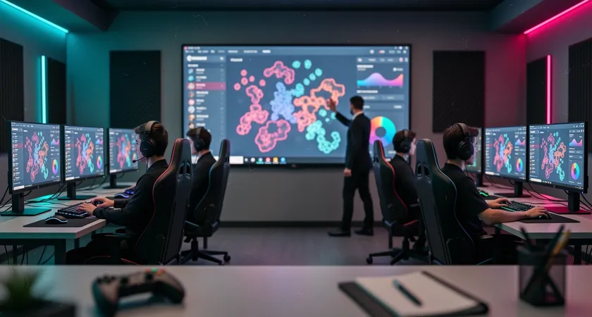 Vue d'ensemble d'une salle de gaming avec cinq setups, un écran central affiche un dashboard complexe avec multiples graphiques, un coach debout désigne un graphique spécifique, ambiance concentrée avec éclairage néon tamisé