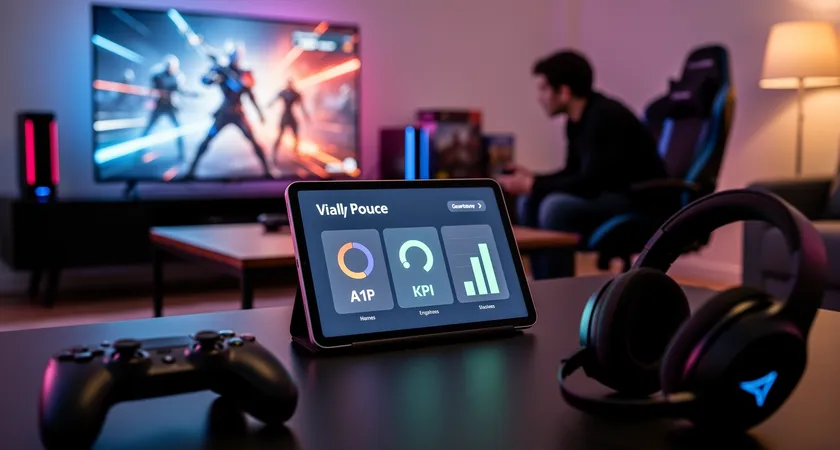 Plan moyen d'une équipe de cinq joueurs discutant autour d'un écran tablette affichant un simple dashboard avec trois KPI principaux, expressions concentrées et échanges dynamiques, ambiance chaleureuse d'un salon gaming