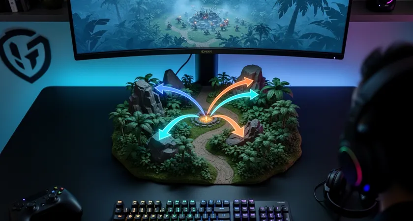 Vista cenital de un monitor gamer mostrando un mapa de Summoner's Rift en miniatura, con múltiples flechas de movimiento superpuestas en colores coordinados que convergen desde diferentes líneas hacia un objetivo en la jungla enemiga, iluminación azul oscuro de fondo, teclado mecánico con retroiluminación en rojo a un lado