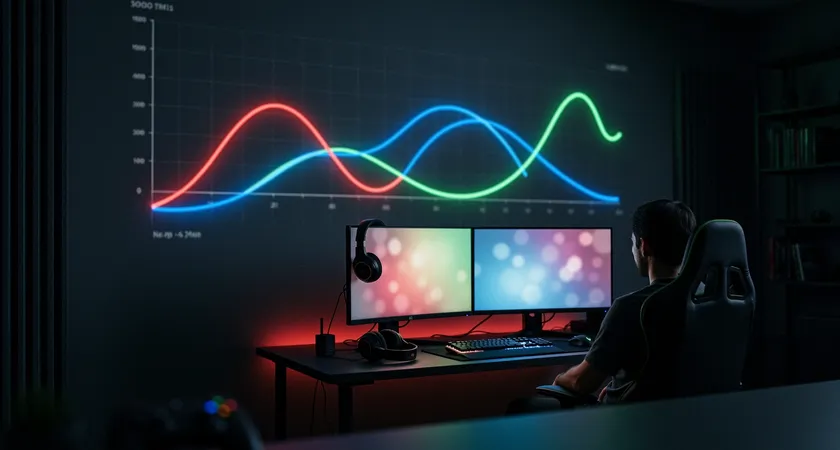 Gráfico de líneas luminoso proyectado sobre una pared en una sala de gaming oscura, mostrando tres curvas de colores diferentes (rojo, azul, verde) que representan 'Poder de Equipo', 'Objetivos Tomados' y 'Ventajas de Oro' a lo largo de una línea de tiempo de 40 minutos, una mano con un puntero láser verde señala un pico específico