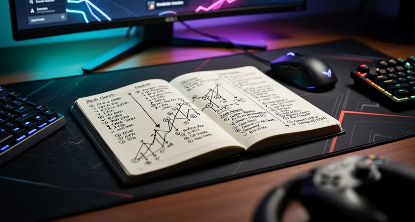 Primer plano de un cuaderno de notas abierto sobre un escritorio con alfombrilla de ratón de LoL, mostrando dos columnas de datos escritas a mano: 'Partida #' y 'Kills enemigo %', con una línea dibujada que conecta puntos que ascienden lentamente pero con menos oscilaciones en partidas recientes, luz natural de una ventana ilumina la página