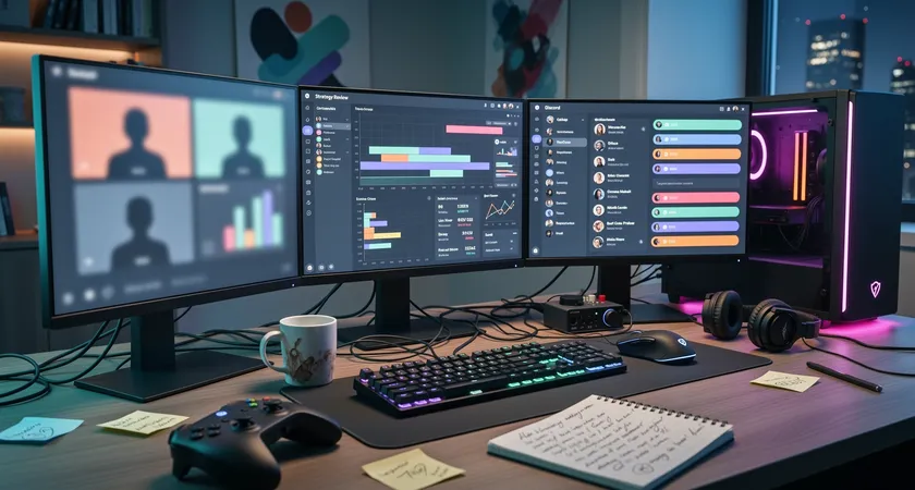 Escritorio de ordenador desordenado con tres pantallas, una muestra un replay de LoL, otra una hoja de cálculo de Google llena de números y gráficos complejos, y la tercera un cliente de Discord abierto, taza de café vacía y cables enmarañados, iluminación tenue de un flexo, sensación de trabajo intenso y potencialmente abrumador