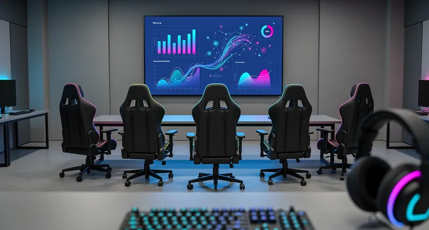 Vista aérea limpia de un espacio de entrenamiento para esports, con cinco sillas gaming idénticas frente a una pantalla plana grande que muestra un dashboard visual claro y colorido con gráficos de 'Sinergia', 'Ritmo' y 'Progreso', sin personas, iluminación ambiental azul neón, ambiente de preparación profesional y enfocada