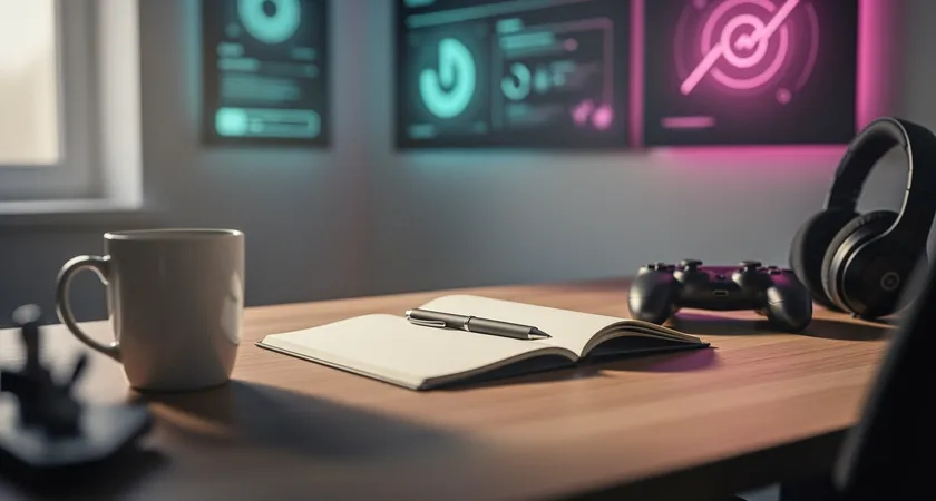 컴퓨터 모니터 화면에 LoL 매치 히스토리와 다양한 차트가 띄워진 모습, 손 한쪽이 무선 마우스를 잡고 있으며, 책상 위에는 포스트잇과 펜이 놓여있고, 창문으로 들어오는 오후 햇살이 장비 위에 비치고 있음