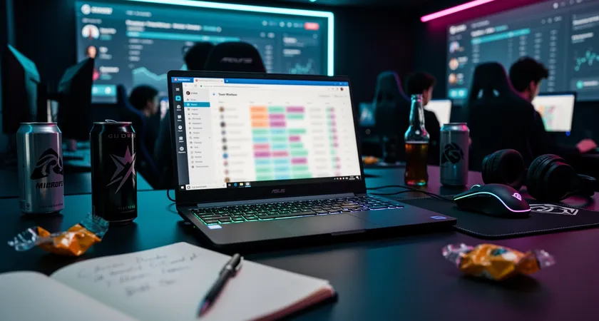 A laptop screen showing a simple, color-coded spreadsheet with player names and champion lists, bathed in the blue glow of monitor light in a dimly lit team room, notebooks and energy drinks scattered on the desk