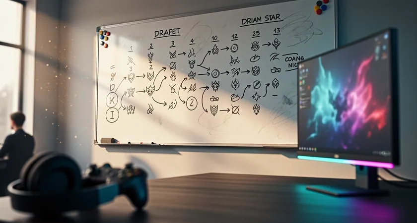 A whiteboard in a coaching room, with the draft order scribbled in columns labeled 'Blue' and 'Red', arrows connecting champion icons, natural light from a window illuminating dust motes in the air