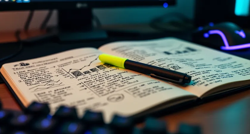 Close-up of a analyst's notebook, pages filled with handwritten notes on opposing players' champion pools and win rates, a highlighter and pen resting on the page, shallow depth of field
