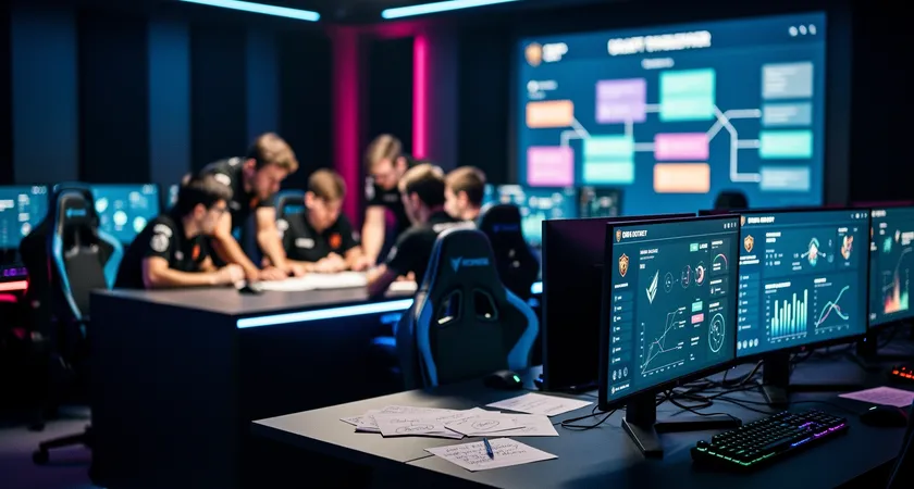 A wide shot of a team huddled around a coach during a draft timeout, tension visible in their postures, the glow of multiple monitors illuminating their focused faces in the dark