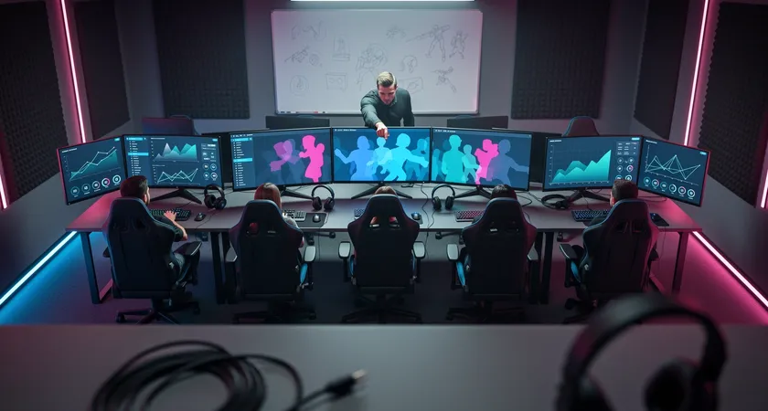 A birds-eye view of a team's practice station, five gaming chairs facing monitors, a coach standing behind them pointing at a central screen showing a paused draft simulation
