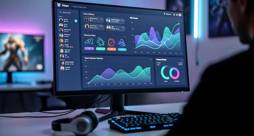 Gros plan sur un écran d'ordinateur affichant un tableau de bord LoL-Tracker avec des stats d'équipe. La fenêtre du chat vocal Discord est ouverte en overlay, montrant des pseudos et des icônes de statut. Lumière bleutée de l'écran éclairant un clavier mécanique et une souris, ambiance de nuit calme et concentrée.
