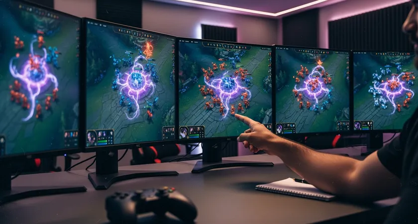 Vue d'ensemble d'une pièce de gaming sombre, cinq écrans alignés affichant chacun la même phase de replay LoL (un combat autour du Nashor). Une main pointe un détail sur l'écran central, lumière des moniteurs projetant des ombres nettes sur le bureau, ambiance de débriefing sérieux.