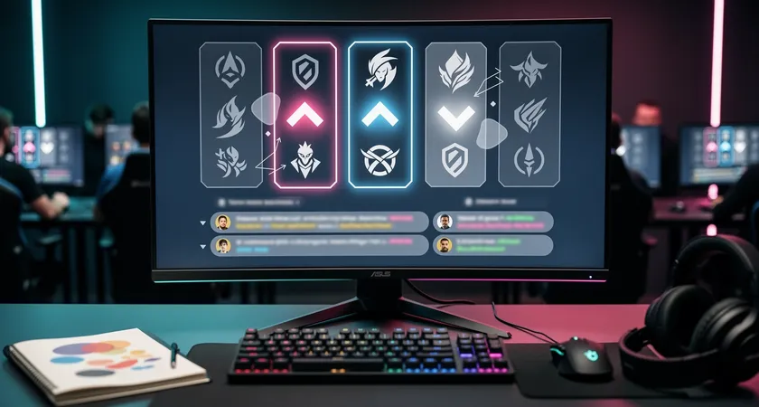 Écran de draft en phase de picks et bans, vue depuis le client LoL. Cinq lignes de chat d'équipe montrent des échanges rapides de noms de champions et de "ban x". Flèches de sélection clignotantes, ambiance de prise de décision urgente et concentrée.
