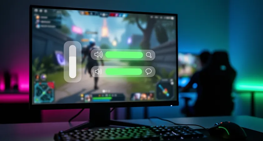 Gros plan sur l'interface d'une app de communication type Discord running en overlay pendant une game. On voit la barre de volume et les indicateurs de parole verte pour deux pseudos, le reste étant gris. En fond, flou, l'écran de jeu montre une phase de farming en lane, ambiance de concentration silencieuse.