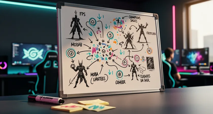 Vue d'angle d'un tableau blanc effaçable dans un bureau, couvert de schémas de drafts, de flèches reliant des noms de champions et des notes manuscrites type "win condition = early bot". Un marqueur repose sur la tablette, lumière naturelle de fin d'après-midi, ambiance de rétrospective organisée.
