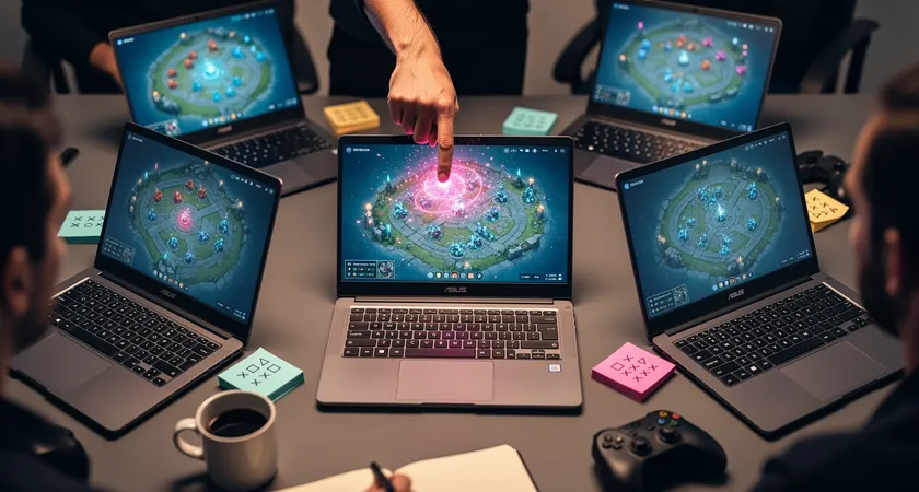 Vista cenital de una mesa de reunión con cinco portátiles abiertos, mostrando simultáneamente el mismo momento de un replay de League of Legends. Una mano señala un área específica del minimapa en una de las pantallas, con notas adhesivas de colores alrededor. Luz ambiental cálida de una lámpara de escritorio, tonos azules y negros predominantes