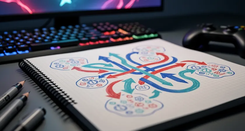 Primer plano de un diagrama dibujado a mano en un cuaderno cuadriculado, mostrando un mapa de Summoner's Rift dividido en zonas con anotaciones de responsabilidad por rol. Flechas de colores indican rutas de rotación, escrita en tinta azul y roja. Fondo de madera clara con un mousepad de gaming al lado