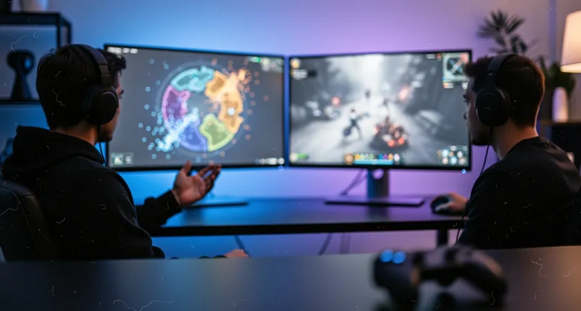 Dos jugadores sentados uno al lado del otro en un setup de gaming en casa, con auriculares. Uno está hablando con la mano levantada en un gesto de 'pare', mirando el minimapa en su monitor. El otro le mira asintiendo. Luz LED azul y morada tenue, ambiente de concentración