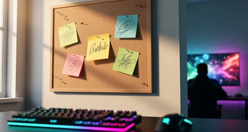 Un tablero de corcho colgado en una pared, con cinco post-it de colores diferentes, cada uno con un nombre de invocador y una frase motivacional o un objetivo de proceso escrito a mano. Un post-it amarillo dice 'Control de visión en su jungla en min 20'. Luz natural entrando por una ventana ilumina el tablero