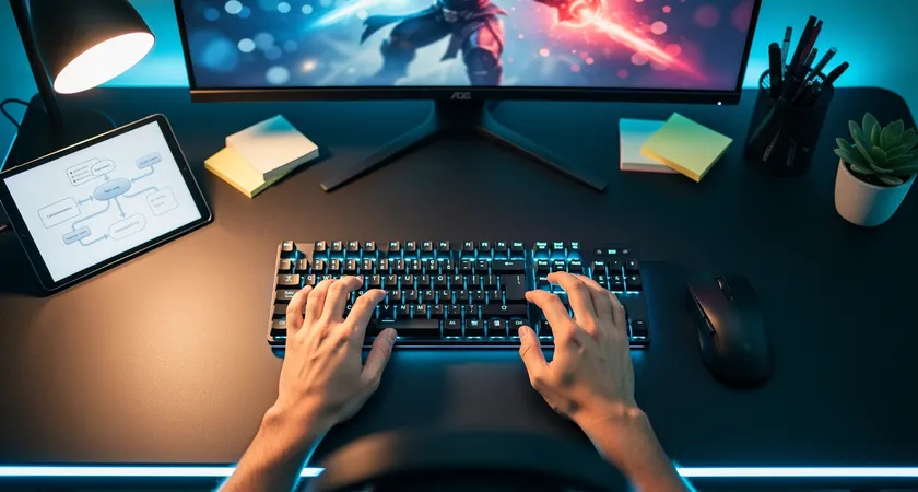 Overhead view of a gamer's hands on a mechanical keyboard and mouse, a secondary monitor with a simple communication flowchart visible, soft blue LED glow, focused desk lamp light, organized gaming station ambiance