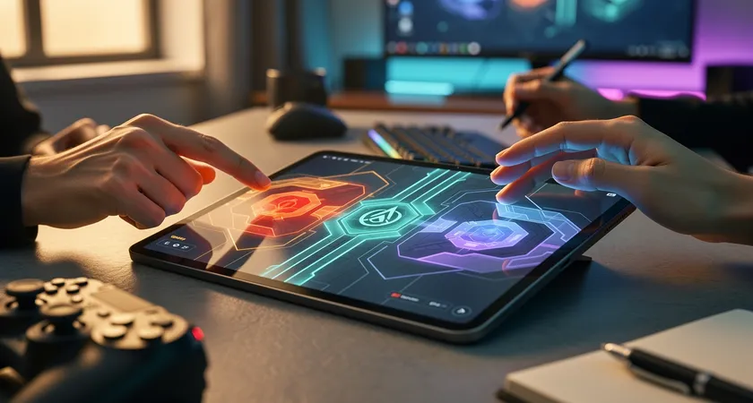 A stylized, illustrated map of Summoner's Rift on a tablet screen, with translucent, colored overlays highlighting zones of pressure, vision, and cooldown tracking, hands pointing at different sections, warm light from a nearby window