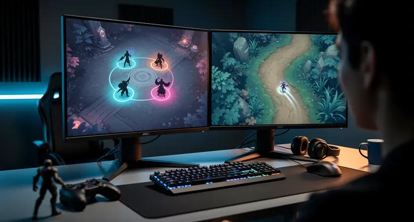 Split-screen perspective: left side shows a team of four champions in a defensive semicircle near an objective, right side shows a single champion's path through jungle terrain, both views on high-end gaming monitors, dark room with strategic lighting