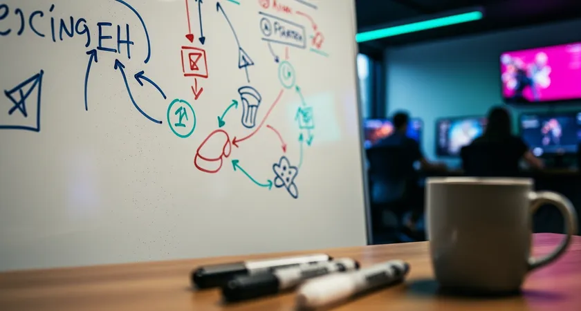 Close-up of a whiteboard in a team room, with simple diagrams and named play calls like "Banana Split" and "Blue Trade", dry-erase markers scattered, coffee mug out of focus, practical team environment