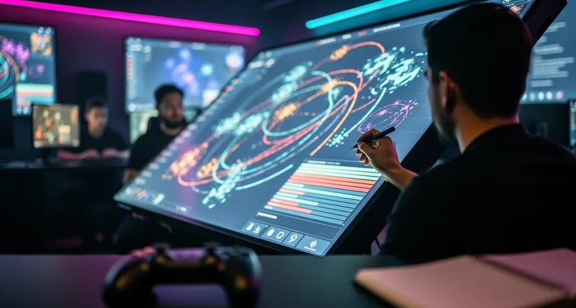 A coach or analyst screen-sharing a VOD review session, drawing on the screen to highlight movement patterns and decision timelines, three other attentive faces reflected in the monitor's glow, analytical workspace vibe
