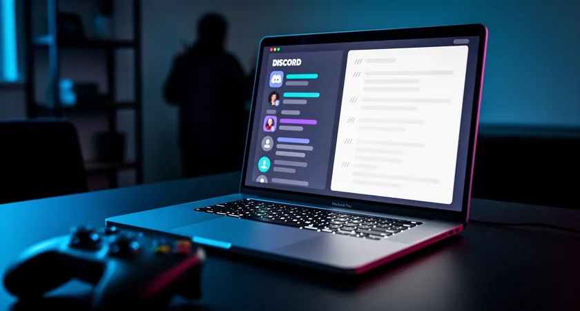 Gros plan sur un écran d'ordinateur portable partagé, montrant une liste de discussion Discord sur le côté gauche et un document texte simplifié avec des points de stratégie sur la droite. Lumière bleutée d'un moniteur dans une pièce sombre, ambiance de travail concentré.