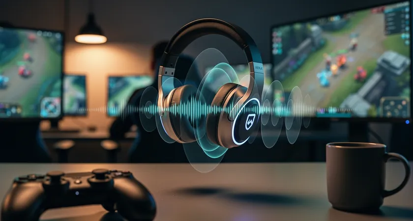 Vue subjective d'un joueur pendant un match, focale sur ses écouteurs avec un filtre vocal Discord visible en superposition. Ambiance chaude d'une lampe de bureau éclairant un clavier mécanique, reflet d'un écran montrant la minimap de Summoner's Rift.