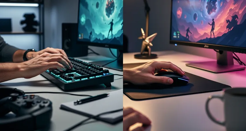 Deux points de vue contrastés. À gauche, une main qui tape frénétiquement sur un clavier. À droite, une main tenant calmement une souris, un doigt pointé vers un élément spécifique sur l'écran. Ambiance de tension versus concentration.