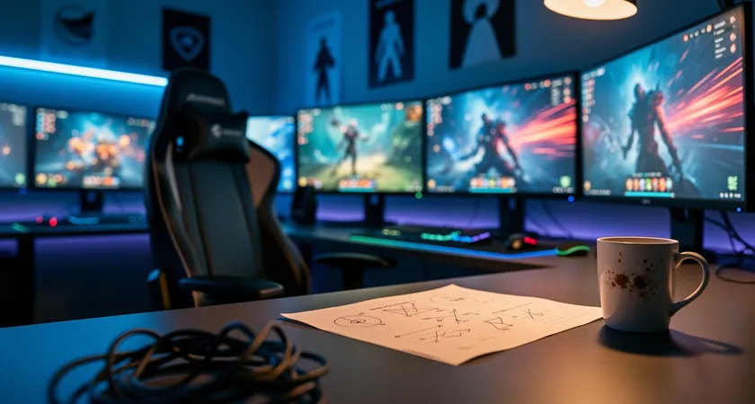 Plan large d'une pièce de jeu le soir, écrans allumés, mais les chaises sont vides. Une feuille imprimée avec des notes manuscrites et des graphiques est abandonnée sur un bureau, à côté d'une tasse vide. Ambiance de fin de session, lumière artificielle.