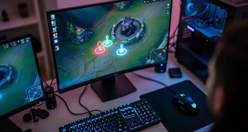 Vista cenital de un monitor mostrando el minimapa de Summoner's Rift en minuto 40, iluminación tenue de habitación, se destacan tres wards de control sobre el pozo de barón, teclado mecánico en primer plano con retroiluminación azul, ambiente de concentración nocturna