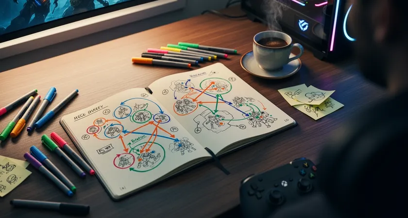 Fotografía aérea de un cuaderno de estrategia abierto sobre una mesa, diagramas dibujados a mano de rutas de ward y rotaciones en el mapa, bolígrafos de colores, una taza de café al lado, luz natural de mañana entrando por una ventana
