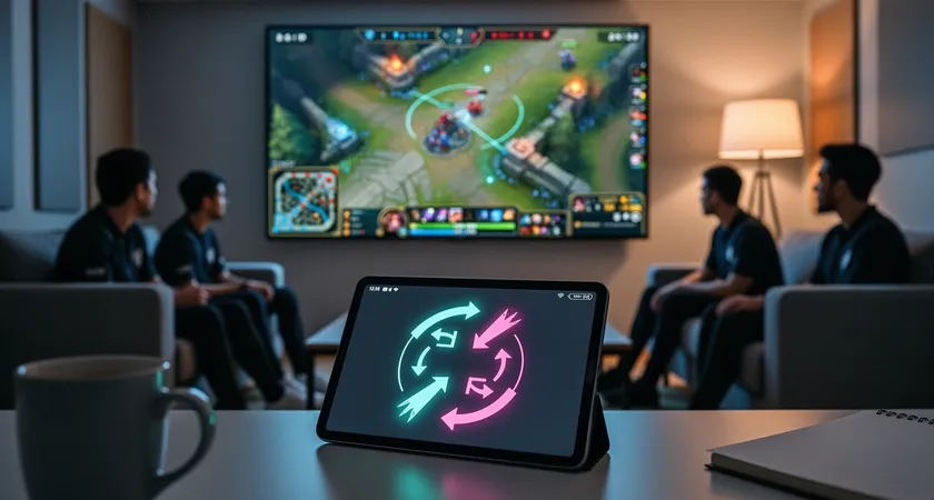 Escena de un review de partida, una pantalla grande muestra un replay pausado en el minuto 24, una persona con una tableta apunta hacia una rotación en el mapa mientras otras cuatro escuchan, ambiente de sala de reuniones informal con sofás, luz cálida de lámparas de pie