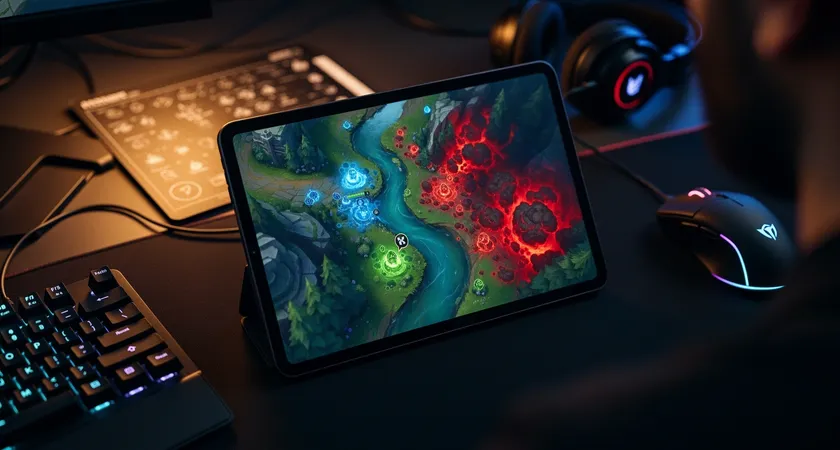 Overhead view of a coach's tablet resting on a gaming desk, showing a heatmap of vision control in Summoner's Rift's river. The map is lit with soft blues and greens for allied wards, contrasting with dark reds in the enemy jungle, low warm lighting from a desk lamp casts a focused glow