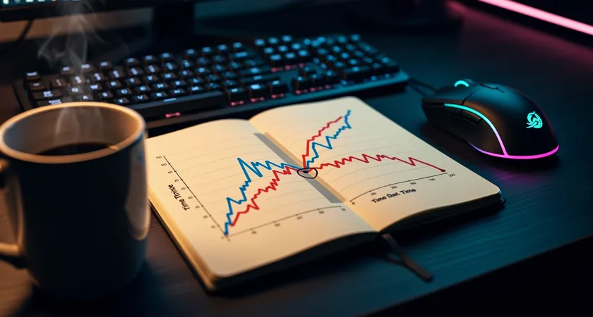 Close-up of a notebook page with hand-drawn graphs plotting CS differential over time. Two colored lines, blue and red, diverge sharply after a marked 'Level 3' timestamp. A half-full coffee mug and a gaming mouse sit beside it in shallow focus, morning light from a window