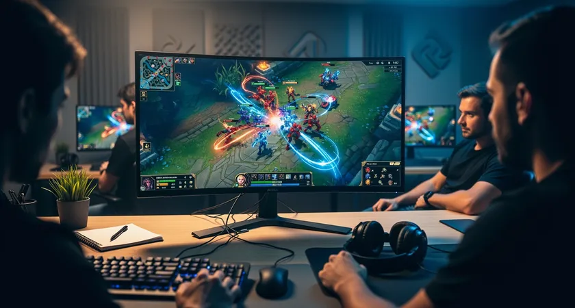 Wide shot of a team review session in a casual setting, three players gathered around a single monitor displaying a teamfight replay paused mid-engagement. One player gestures toward the screen, another nods, soft glow of monitor lights on their faces
