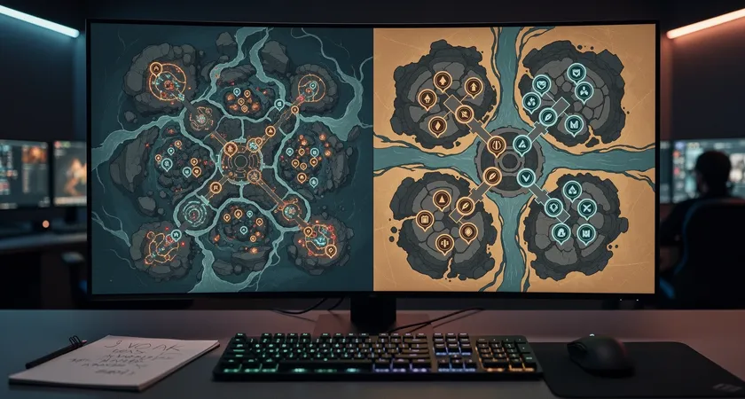 Split-screen visualization concept showing two game states side-by-side on a large monitor. Left side shows a cluttered, chaotic minimap with wards scattered. Right side shows a clean, controlled map with strategic ward clusters at river chokepoints