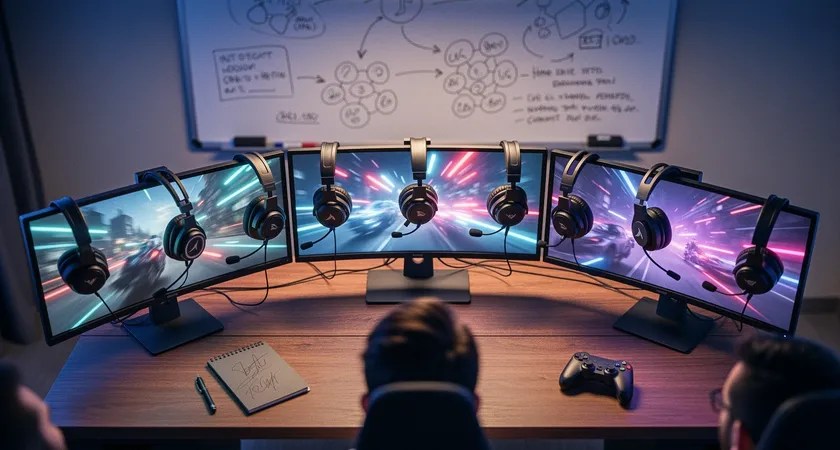 Vue en plongée sur une table de bureau avec cinq écrans de streaming, quatre micro-casques suspendus, et un tableau blanc effaçable avec des schémas de rotations et des mots-clés comme "Ping 3x = Danger", lumière néon douce, ambiance de war-room esport amateur