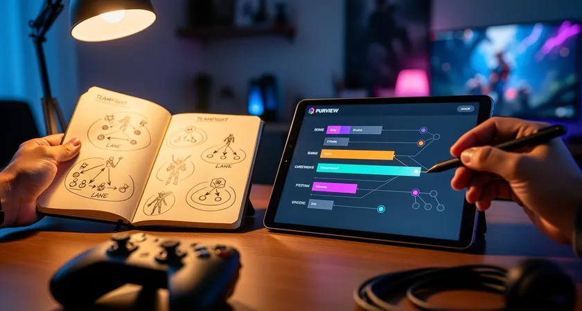 Plan serré sur deux mains, l'une pointant un stylet sur une tablette affichant une timeline de replay LoL, l'autre tenant un carnet de notes ouvert avec des croquis de positionnements en teamfight, lumière de lampe de bureau chaude éclairant des annotations manuscrites