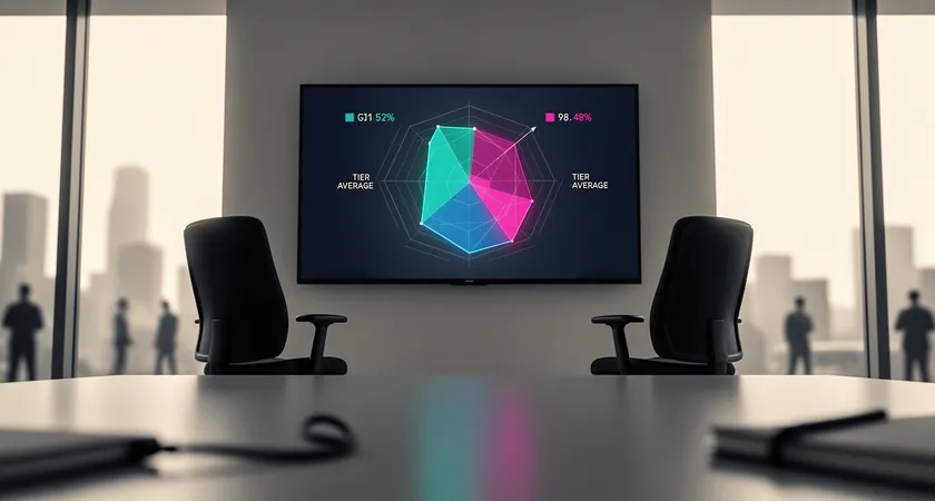 Vue en contre-plongée d'une salle de réunion moderne, un écran TV affiche un graphique radar comparant les stats d'une équipe à la moyenne de son tier, deux chaises vides devant, lumière naturelle abondante venant de grandes fenêtres, ambiance de clarté et d'analyse objective