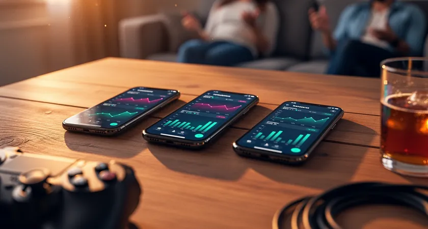 Plan large d'une terrasse de café, cinq personnes autour d'une table riant, trois téléphones posés montrent des écrans de match history avec des graphiques en progression, lumière du soleil couchant créant des ombres longues, ambiance de détente et de satisfaction partagée