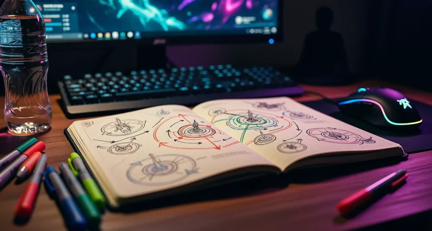 Primer plano de un cuaderno de estrategia abierto sobre una mesa de madera, con diagramas tácticos dibujados a mano que muestran rutas de rotación alrededor del Baron Nashor, bolígrafos de colores, una botella de agua y un ratón gaming al fondo, iluminación de lámpara de escritorio cálida
