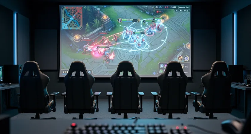 Vista desde atrás de cinco sillas gaming vacías frente a una pantalla grande de proyección, donde se muestra el replay de un teamfight clave con líneas de dibujo superpuestas, la habitación está en penumbra con la luz de la pantalla iluminando el espacio, ambiente de revisión post-partida