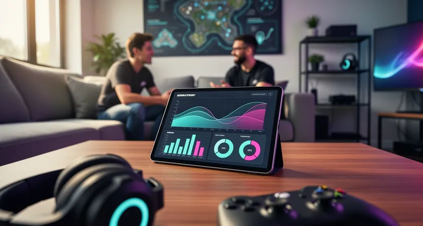 Dos personas charlando de forma relajada en un sofá, con una tablet sobre la mesa de café mostrando gráficos de estadísticas de rendimiento de equipo, luz natural entrando por una ventana grande, ambiente de discusión constructiva y distendida