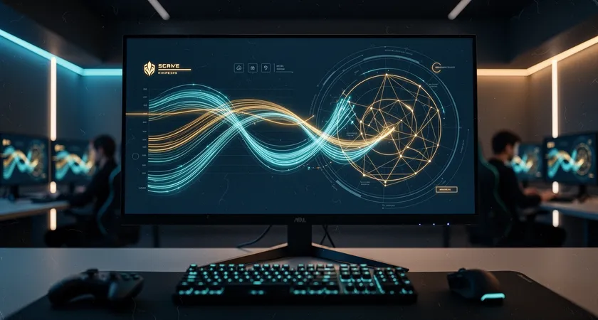 Representación visual abstracta de datos de partida, mostrando múltiples líneas de tiempo y gráficos de radar superpuestos en una pantalla de monitor ultrawide, colores azules y dorados, simbolizando el análisis profundo de rendimiento colectivo