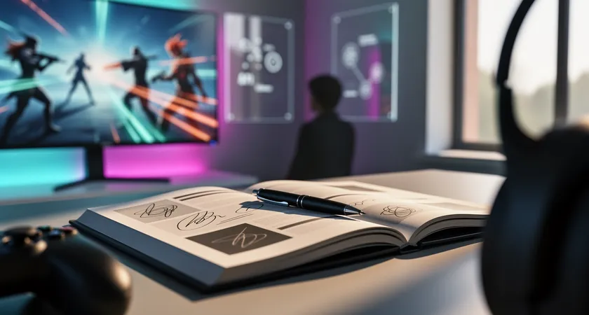 A medium-wide shot from behind a player's shoulder, capturing their monitor with game UI and two secondary screens: one with a notepad app open listing enemy summoner timers, another with a simple objective timer overlay, warm monitor glow illuminating a focused, clutter-free desk space