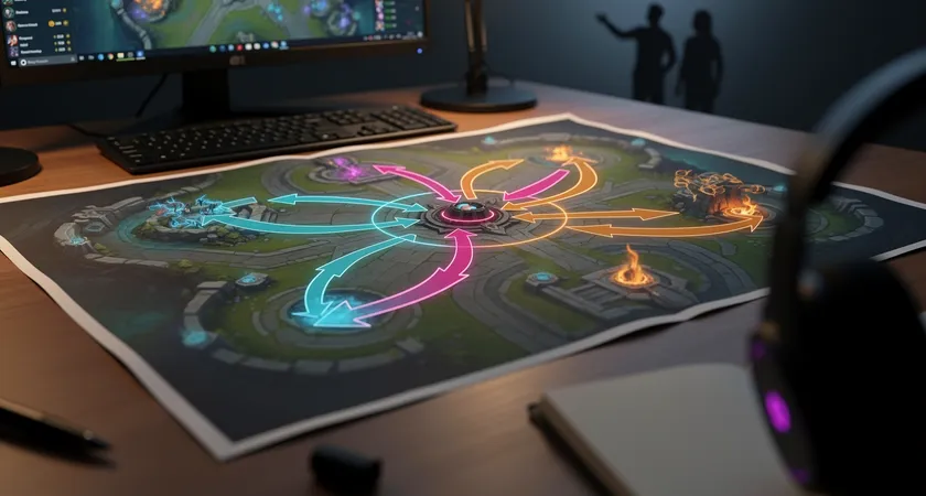 An angled top-down view of a custom game map on a large screen, with hand-drawn transparent colored arrows and zones overlaid digitally, showing planned rotations from dragon pit to top lane, illustrating objective-based pathing, ambient light from a nearby window highlighting the detail